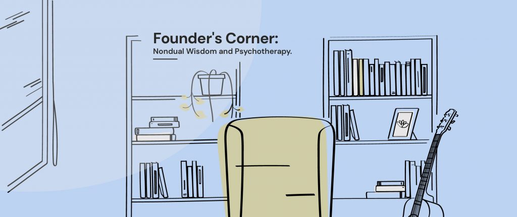 Illustration of a cozy therapy office with bookshelves, guitar, and the title 'Founder's Corner: Nondual Wisdom and Psychotherapy