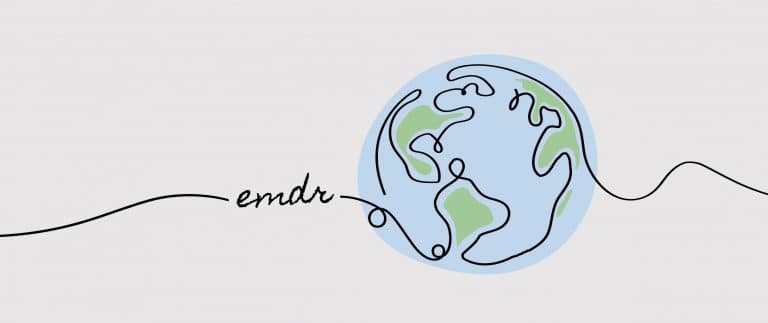 Illustration of a globe with the word 'EMDR' written in a continuous line, symbolizing the global reach of EMDR therapy.