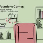 Illustration of a therapy office with bookshelves, a guitar, and a red chair, featuring the title "Founder's Corner: Nondual Wisdom and EMDR Psychotherapy"