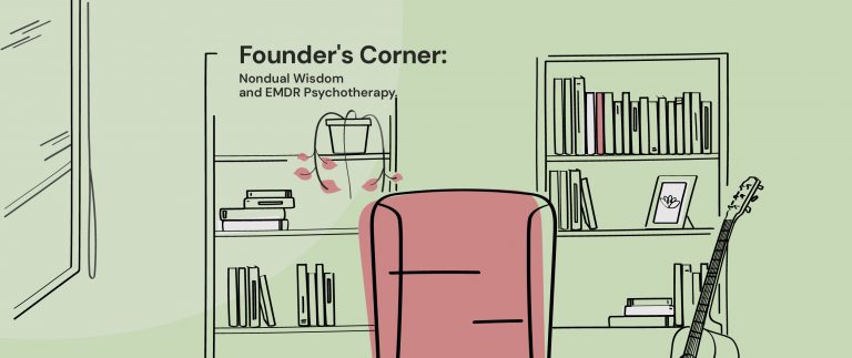 Illustration of a therapy office with bookshelves, a guitar, and a red chair, featuring the title "Founder's Corner: Nondual Wisdom and EMDR Psychotherapy"