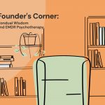 Illustration of a therapy office with bookshelves, a guitar, and a red chair, featuring the title 'Founder's Corner: Nondual Wisdom and EMDR Psychotherapy'