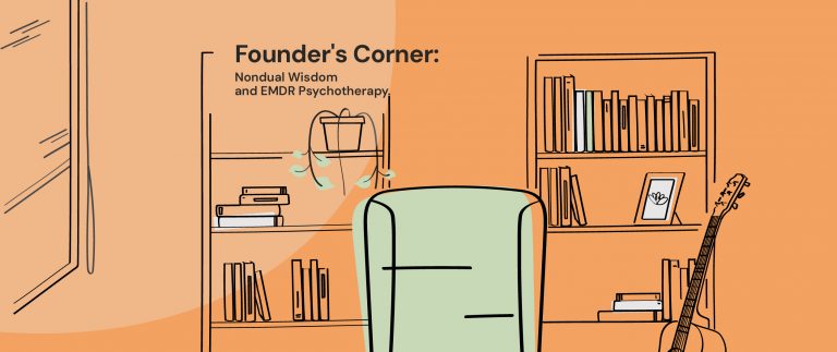 Illustration of a therapy office with bookshelves, a guitar, and a red chair, featuring the title 'Founder's Corner: Nondual Wisdom and EMDR Psychotherapy'