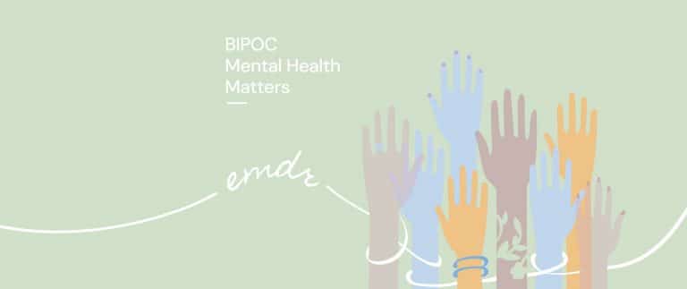 Illustration of diverse raised hands with the text 'BIPOC Mental Health Matters' and the word 'EMDR' in script, symbolizing inclusive trauma care.