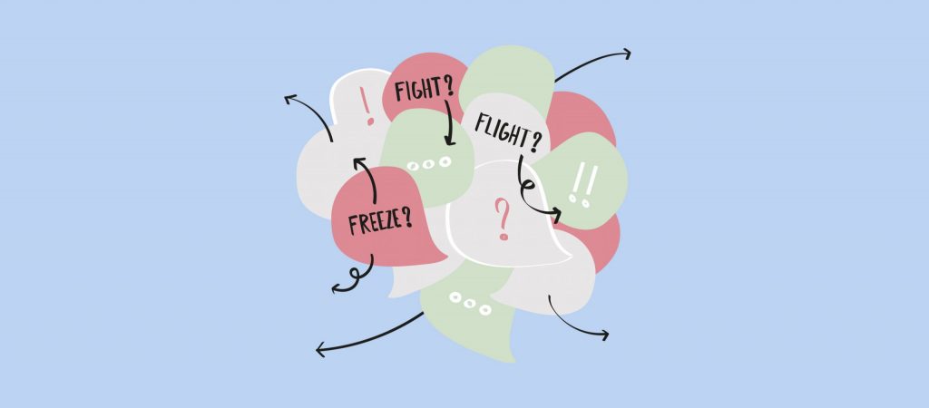 Illustration of overlapping speech bubbles with the words fight, flight, and freeze, representing trauma responses in EMDR and nervous system regulation.