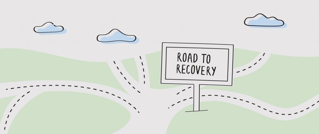Illustration of winding roads converging near a sign that reads "Road to Recovery," symbolizing the nonlinear journey of trauma healing.
