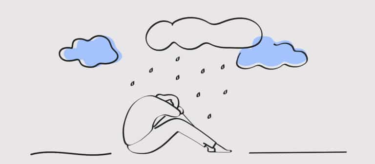 Illustration of a person sitting with their head down under rain and clouds, symbolizing emotional pain, depression, and the impact of unresolved trauma.