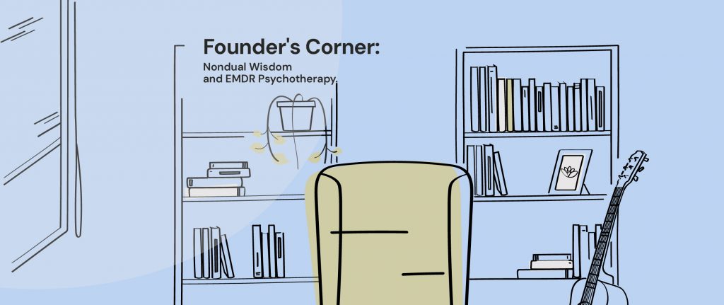 Illustration of a cozy therapy office with bookshelves, guitar, and the title 'Founder's Corner: Nondual Wisdom and EMDR Psychotherapy