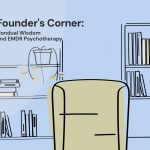 Illustration of a cozy therapy office with bookshelves, guitar, and the title 'Founder's Corner: Nondual Wisdom and EMDR Psychotherapy