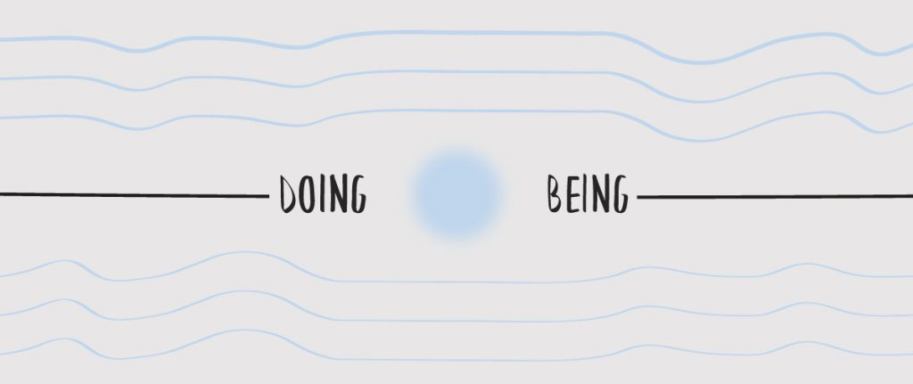 Minimalist illustration with the words “Doing” and “Being” connected by a line, symbolizing the balance between action and presence.