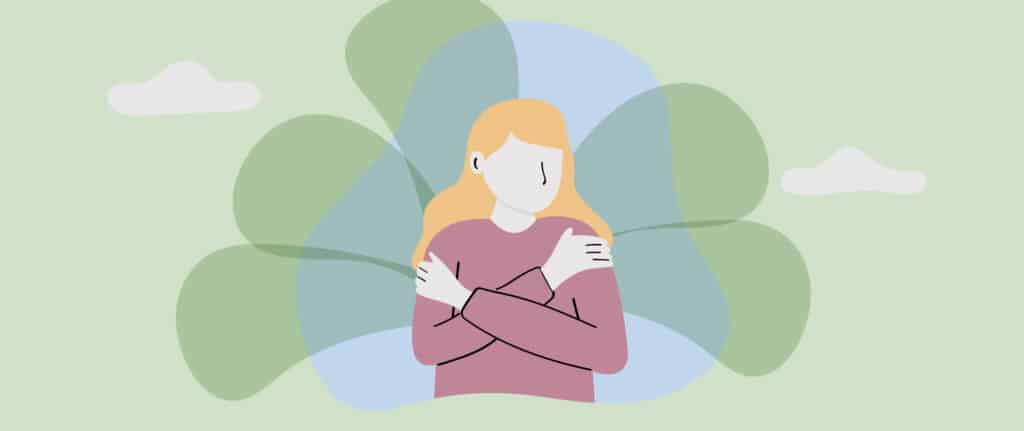 Illustration of a woman gently holding herself with crossed arms, surrounded by soft overlapping green and blue shapes, symbolizing self-compassion and emotional support.