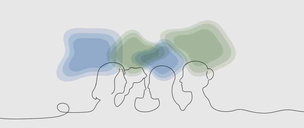 Abstract illustration of overlapping human profiles in soft blue and green shapes, representing learning, connection and shared experience.