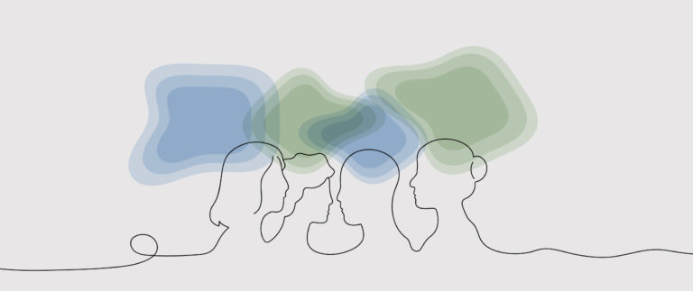 Abstract illustration of overlapping human profiles in soft blue and green shapes, representing learning, connection and shared experience.