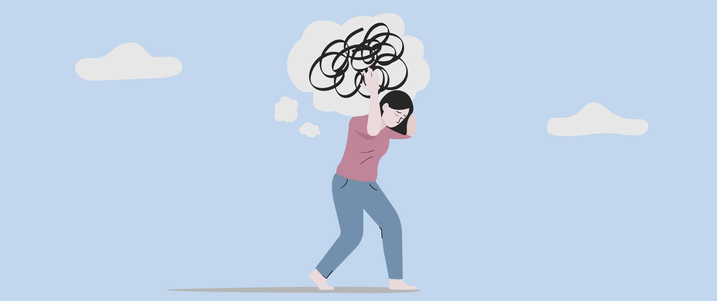 Illustration of a person carrying a tangled, cloud-like thought bubble above their head, symbolizing emotional overwhelm or mental stress.