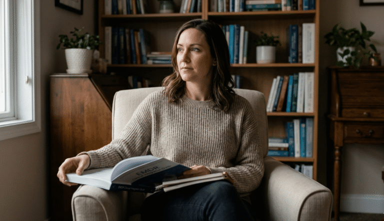 A pensive female therapist sitting at a white desk, holding an "EMDR Manual". To her right, a laptop and a small potted plant are visible.