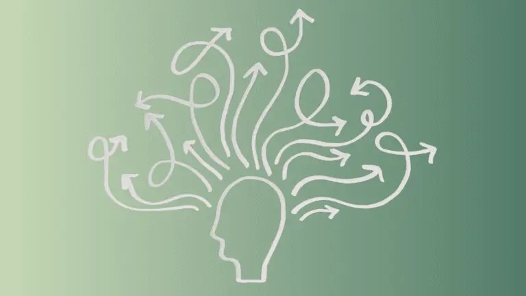 Abstract white line illustration of a human head with multiple curved arrows branching outward, representing neurodiversity and diverse cognitive processing.