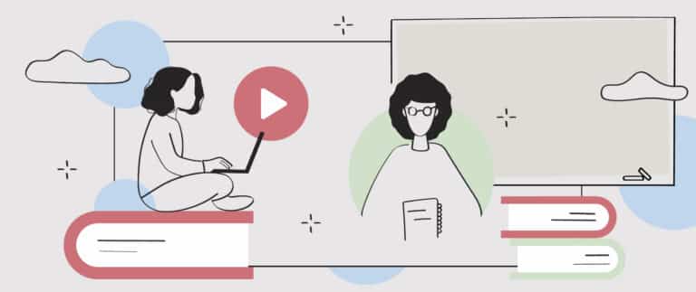 Illustration comparing online and in-person EMDR basic training: a therapist studying on a laptop seated on a stack of books, alongside a virtual instructor appearing on a monitor screen, representing the format question clinicians face when choosing EMDR training.